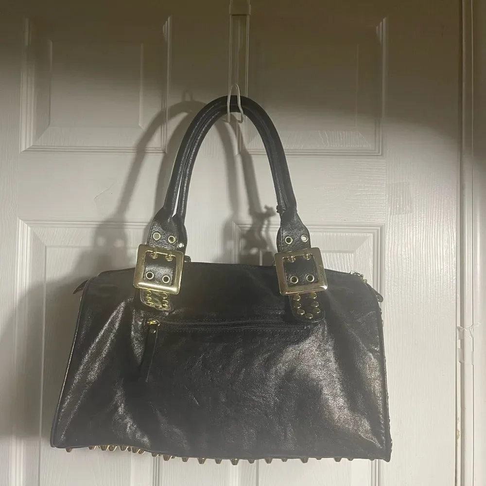 CMZ Stylish Synthetic Black Medium Satchel with Gold Studs Accents.